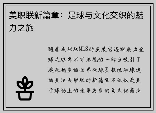 美职联新篇章：足球与文化交织的魅力之旅