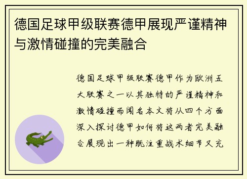 德国足球甲级联赛德甲展现严谨精神与激情碰撞的完美融合